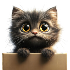 Fluffy 3D Cartoon Cat with Glowing Whiskers and Big Eyes Isolated on Transparent Background