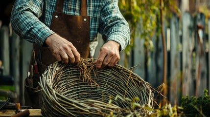 Craftsman Weaving Willow Basket outdoors at Workshop