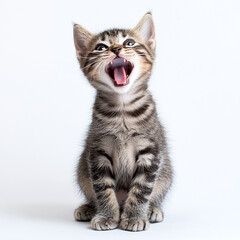 Laughing gray tabby kitten sitting tall with wide-open mouth on white background.