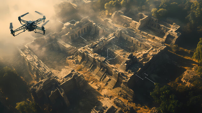 High-tech mapping drone scanning ancient ruins with d modeling software. Ancient Data Ruins. Illustration