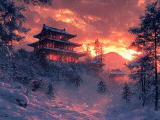 Obraz premium Fantasy glowing fortress above snowy mountains under stormy clouds