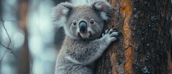 Koala in a fuzzy earmuff, clinging to a tree, cute, soft focus, adorable