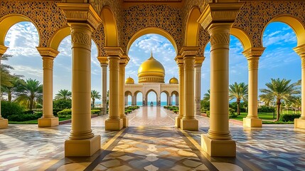 Coastal Mosque Archway View, Sunrise, Palm Trees