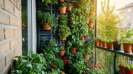 Obraz premium A balcony vertical garden with neatly arranged pots and climbing vegetables on trellises. 