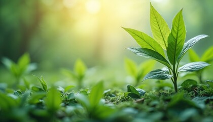 Fototapeta premium Close-up shot of vibrant green sprouts bathed in sunlight. Fresh leaves symbolize growth, environmental care, sustainability, ecology, eco friendly approach and a hopeful future.