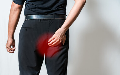 People with diarrhea problem touching buttock isolated. Person suffering with hemorrhoid problem...