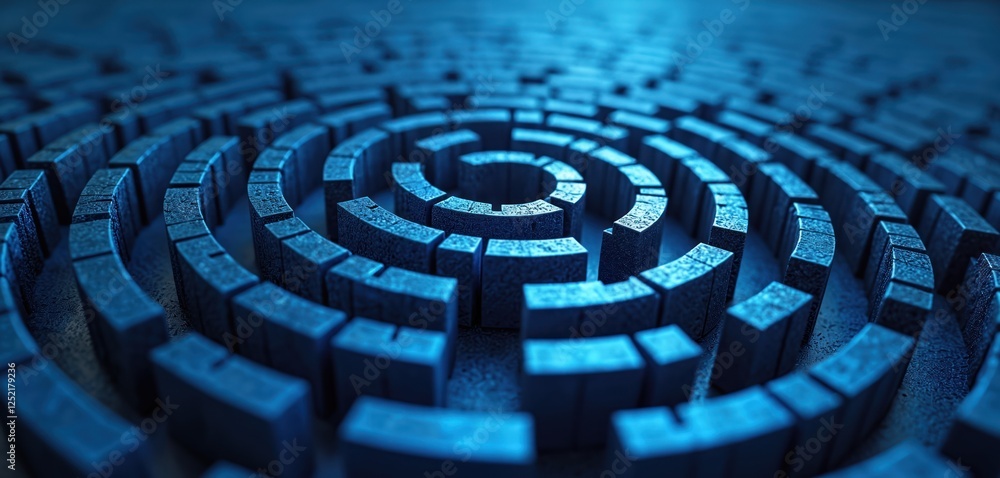 Poster blue maze close-up with circular pattern, abstract design, futuristic concept. metallic surface, thr