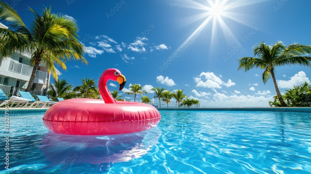 Poster a bright pink flamingo floaty resting in a crystal-clear swimming pool with a sunny backdrop.