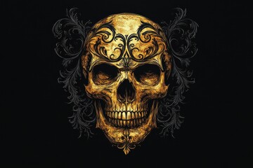 Ornate golden skull with dark decorative swirls on black