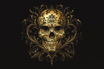 Ornate golden skull surrounded by swirling filigree on black