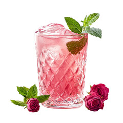 Glass of rosewater lemonade with mint, cooling Ramadan drink, isolated on transparent background, png