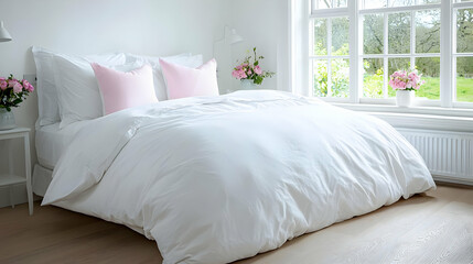 White bedding in bright bedroom near window