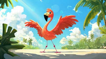 A cartoon-style flamingo illustration, featuring a playful and exaggerated pose. 