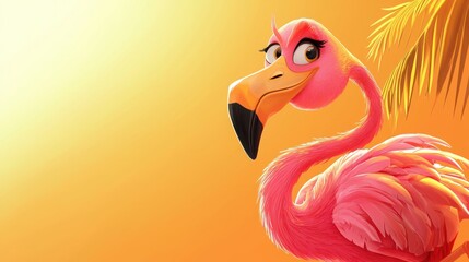 A cartoon-style flamingo illustration, featuring a playful and exaggerated pose. 