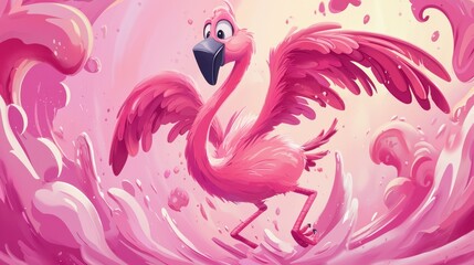 A cartoon-style flamingo illustration, featuring a playful and exaggerated pose. 