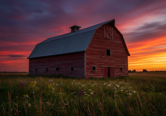 red barn at sunset