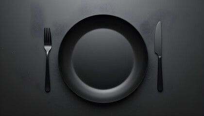 Black Plate, Fork, and Knife on Dark Tabletop