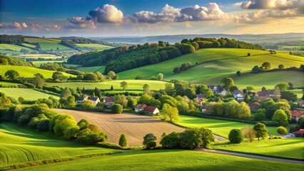 Obraz premium Rolling hills and lush green fields of Kent countryside with a quaint village in the distance, countryside, rolling hills