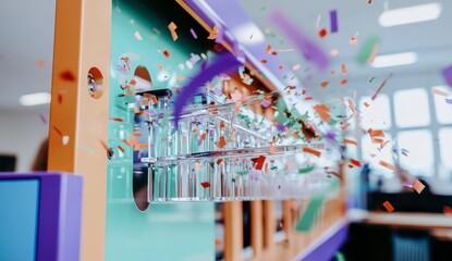 Naklejka premium Colorful Confetti Burst from a Celebration Event Station Display