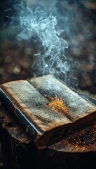 Ancient Book With Burning Embers, Smoke. Themed Image Of Lost Knowledge, History, Secrets.