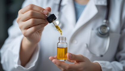 Doctor holding CBD oil bottle and dropper