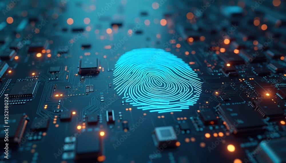 Poster illustration of digital fingerprint on blue tech circuit board. biometric identification system scan