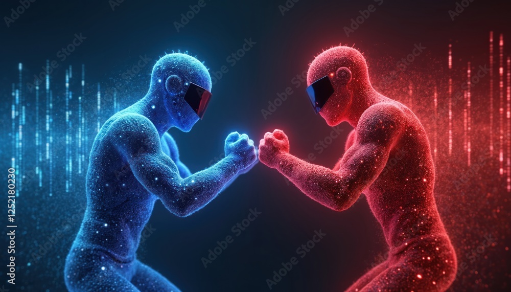 Poster illustration shows blue, red hacker teams in cyber security showdown. digital futuristic design comm