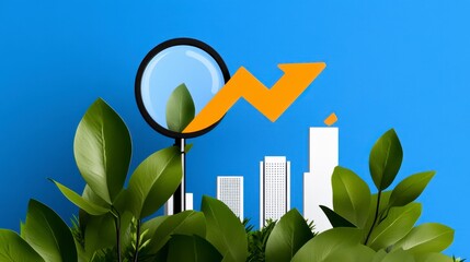 Growth Analysis with Magnifying Glass and Green Leaves on Blue Background