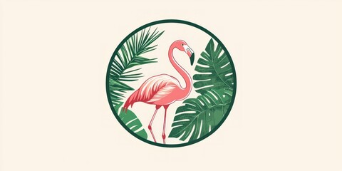 A circular flamingo logo with tropical palm leaves surrounding it for a vacation or resort business. 
