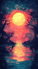 Full moon illuminates a tranquil lake bordered by trees