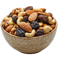 Golden roasted nuts and dried fruits in a Ramadan bowl, healthy snack isolated on transparent background, png