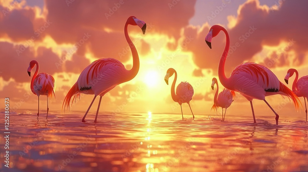 Poster a coastal flock of flamingos at sunset, wading gracefully through shallow tidal pools.