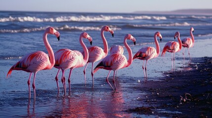 Obraz premium A coastal flock of flamingos at sunset, wading gracefully through shallow tidal pools.