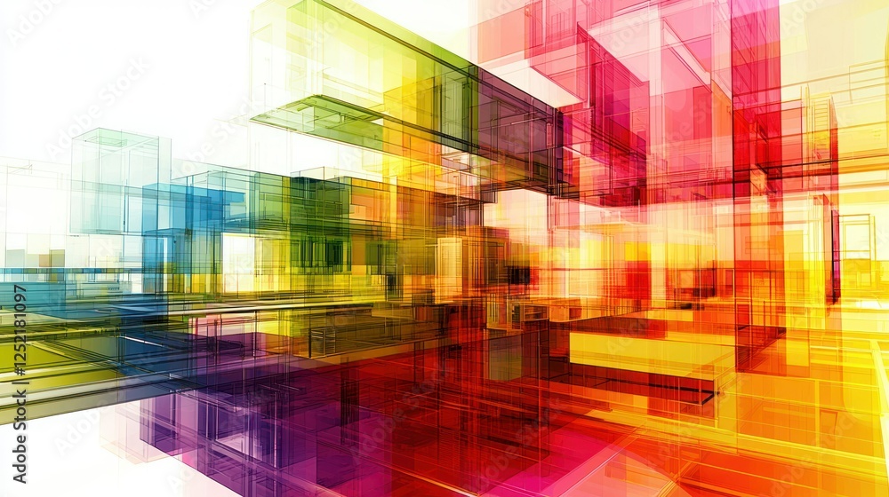 Poster A colorful abstract representation of property development processes in digital art.