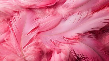 A collection of flamingo feathers spread out in vibrant pink shades, captured in a close-up shot. 