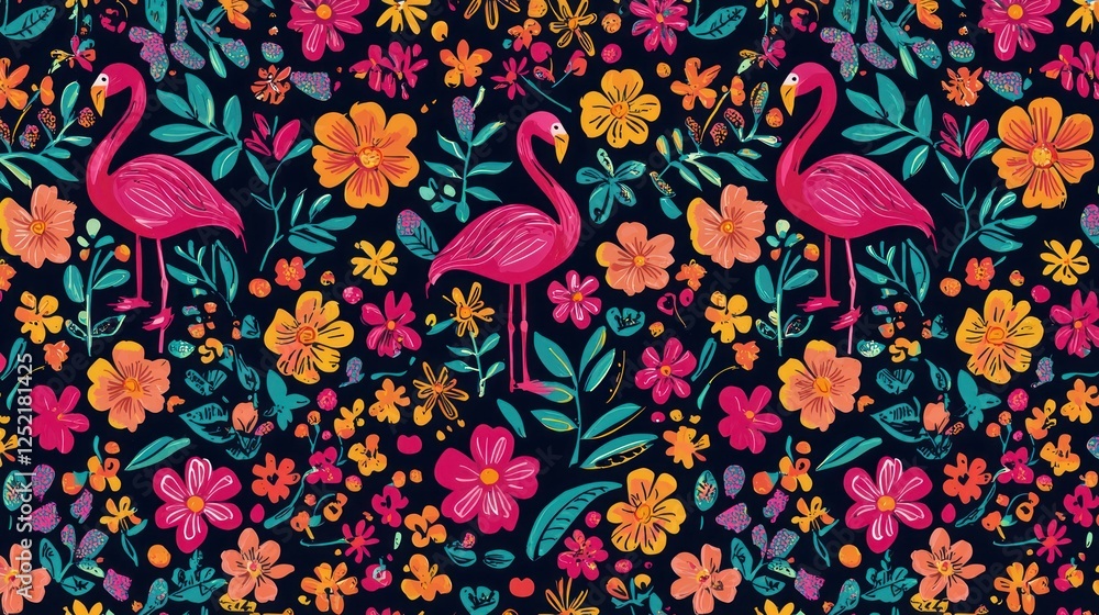 Poster a colorful flamingo and flower pattern with a hand-drawn, playful style for summer themes