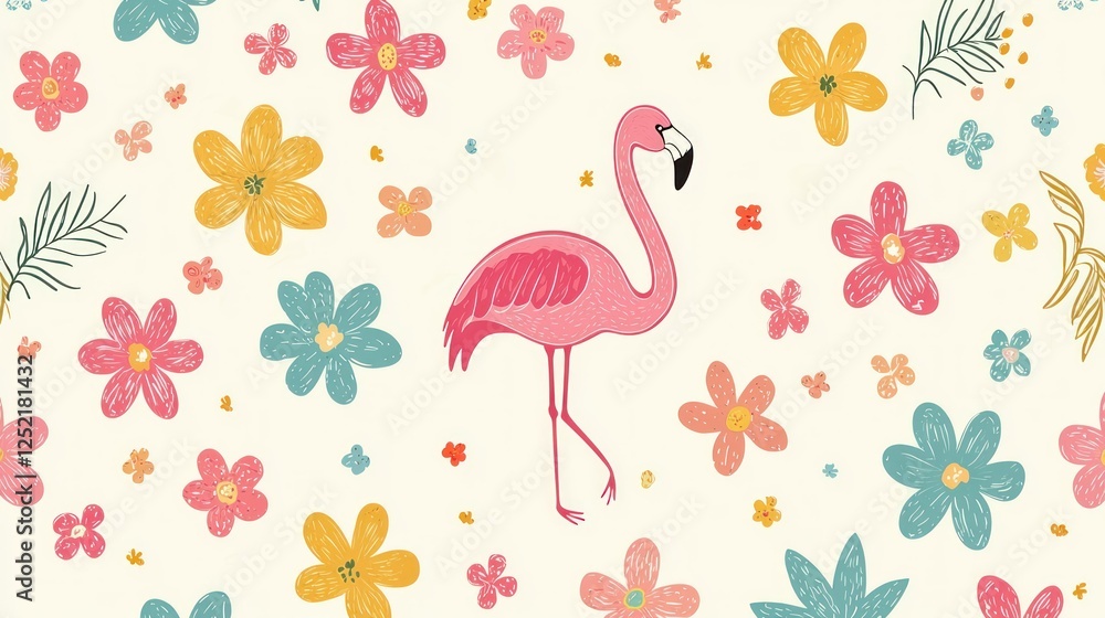 Poster A colorful flamingo and flower pattern with a hand-drawn, playful style for summer themes