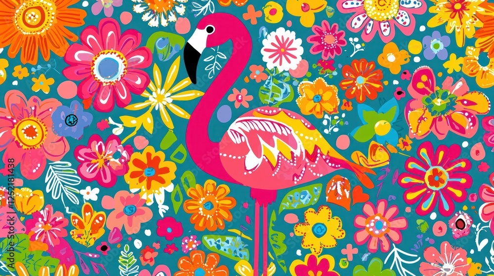Poster A colorful flamingo and flower pattern with a hand-drawn, playful style for summer themes