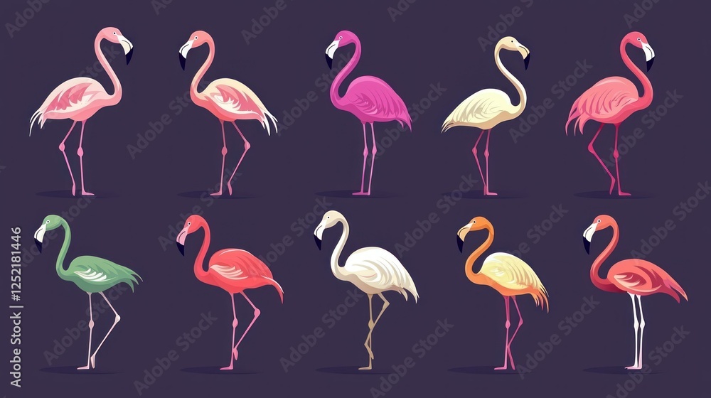 Poster A colorful flat vector design featuring multiple flamingos in various poses, ideal for patterns or designs. 