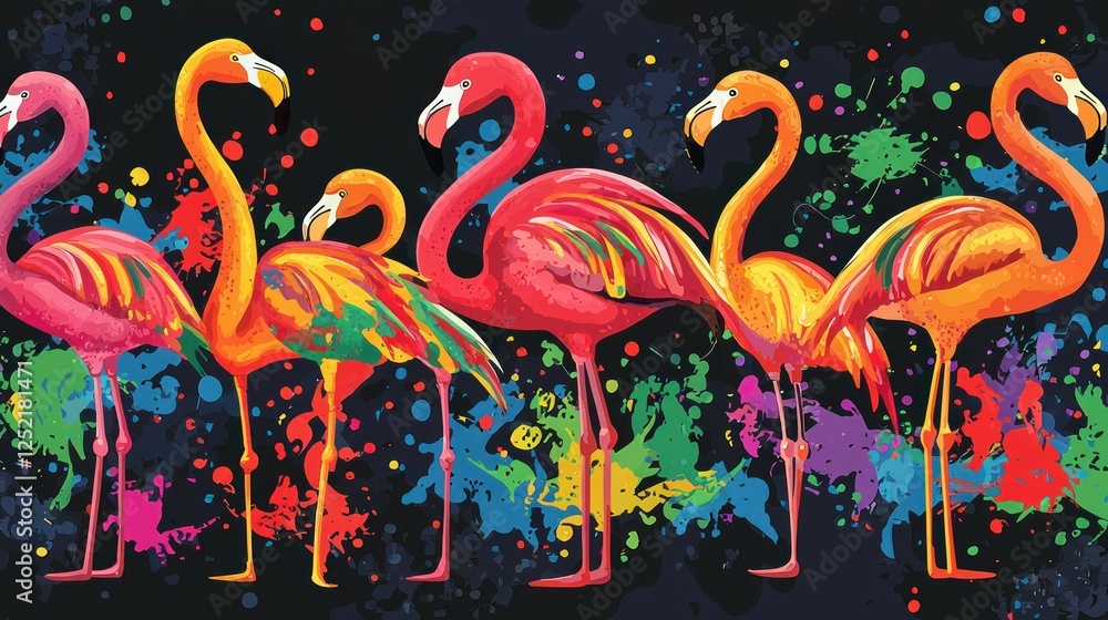 Poster A colorful flat vector design featuring multiple flamingos in various poses, ideal for patterns or designs.