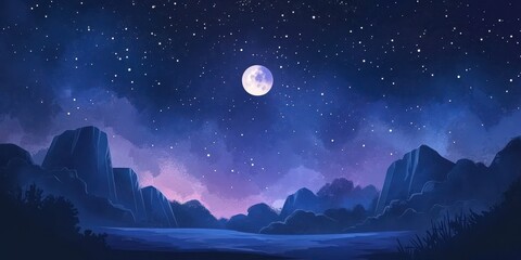 Fototapeta premium Full moon illuminates mountainous landscape under starry night sky