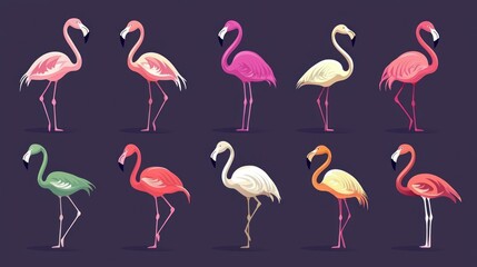 Obraz premium A colorful flat vector design featuring multiple flamingos in various poses, ideal for patterns or designs. 