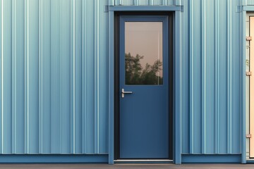 Fototapeta premium A blue door stands prominently on a sleek, corrugated metal structure, illuminated by warm sunset hues, enhancing its contemporary appeal