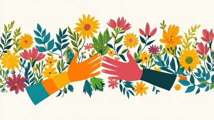Fototapeta premium A colorful International Women's Day vector with symbolic hands and flowers. 
