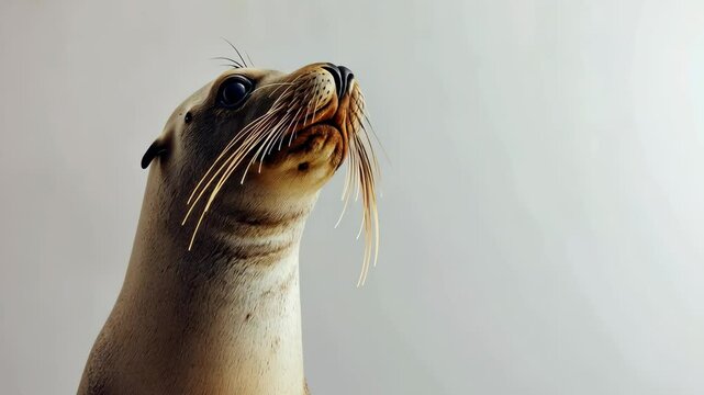 Seal gazes curiously toward the horizon with whiskers prominent against a light background