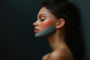 Fototapeta premium A model displays striking makeup featuring bold colors on her cheeks and jawline, captured in a dramatic side profile setting
