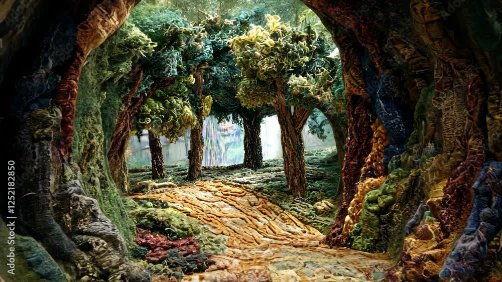 Poster intricate tapestry of a forest pathway surrounded by vibrant trees and lush greenery in a peaceful s