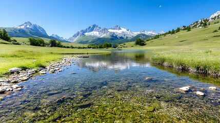 Fototapeta premium Calm mountain lake reflecting peaks, sunny day