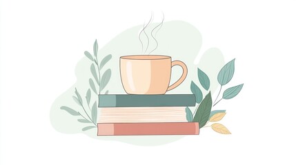 Books and coffee illustration, peaceful scene, digital art