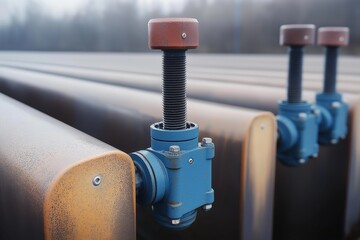 Close-up view of industrial pipe valves and wheels showing wear and components in a manufacturing environment against a gray backdrop
